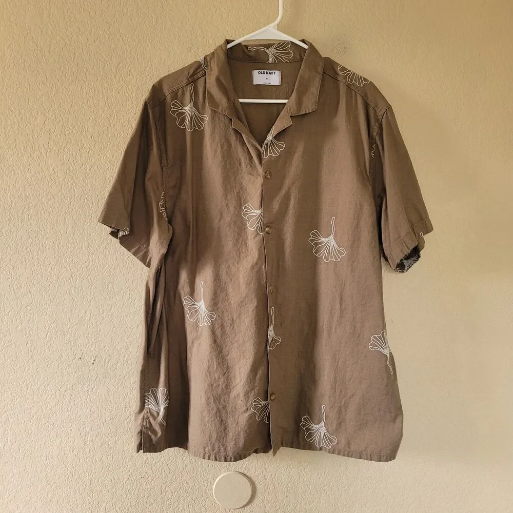 Old Navy Mens Brown Ginkgo Leaf Print Short Sleeve Camp Button Up Shirt Size Xl